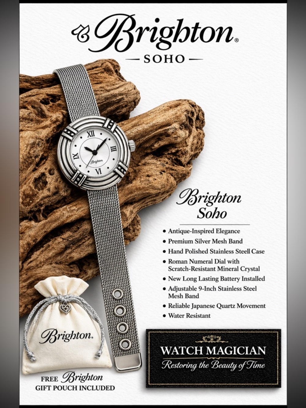 Brighton Soho Watch Silver Mesh Band Roman Dial New Battery Gift Pouch Y2K